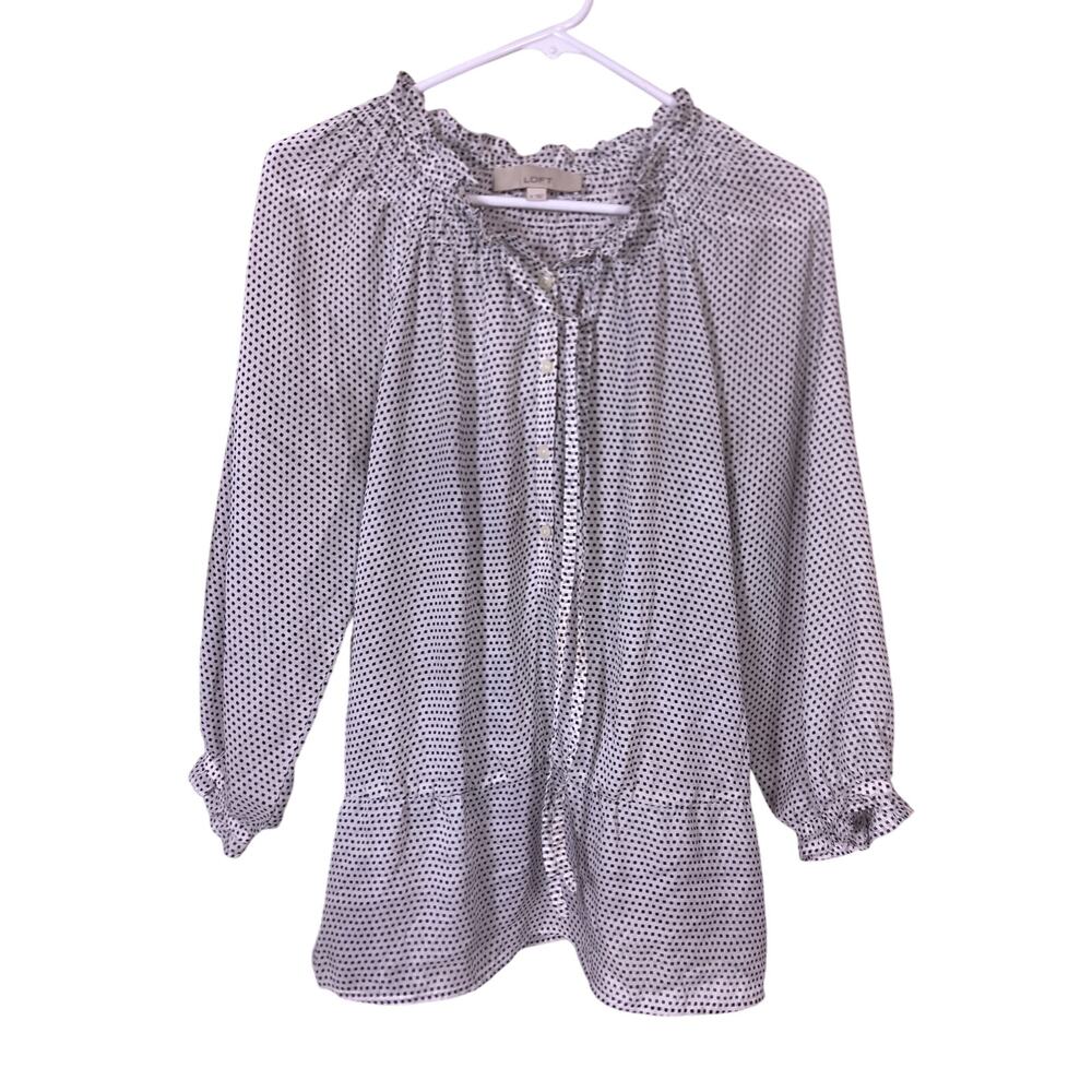 LOFT Flowy Black White Sheer Top Womens Medium Tie Front Cottagecore